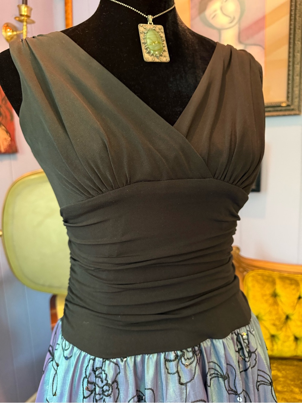 Vtg  S.L. Fashions Iridescent Sage Green, Purple, And Blue Floral V Neck Dress - Picture 4 of 8